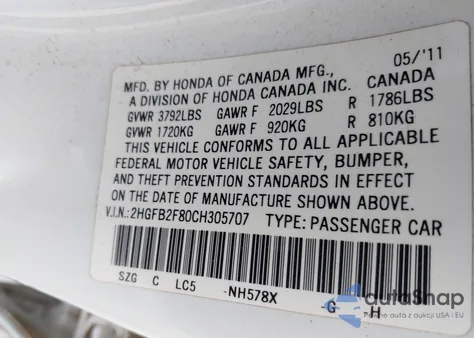 2012 Honda Civic Ex z USA, uszkodzony, nr VIN 2HGFB2F80CH305707